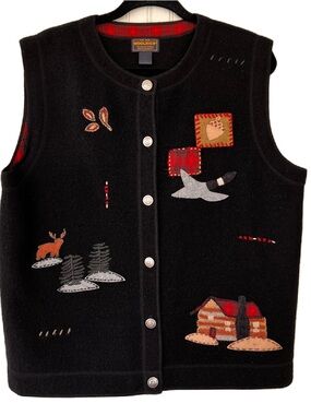 Vintage Woolrich Cardigan Vest Womens XL Black Wool Cabin Rustic Teacher Sweater